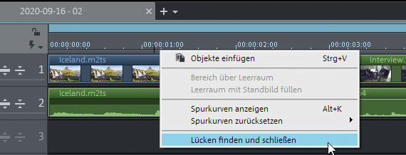Kontextmenüoption "Lücken schließen", um alle geschnittenen Videos aneinander zu rücken