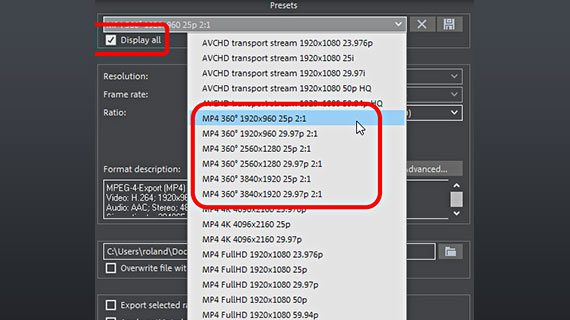 360 degree option in presets of MP4 export dialog