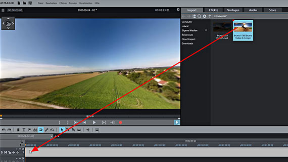 360-Grad-Video per Drag & Drop aus dem Media Pool importieren