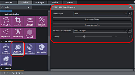 Effektdialog für 360-Grad-Bildstabilisierung