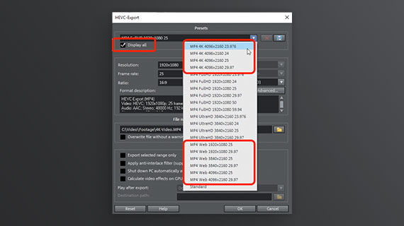 HEVC export with 4k and web presets