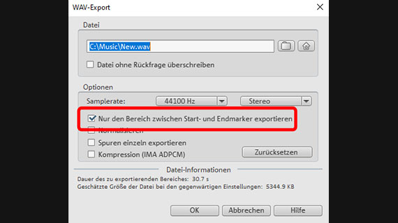 Abspielbereich als WAV-Datei exportieren