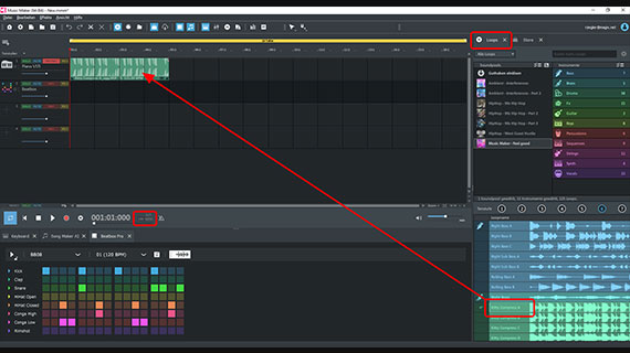 Drum-Sample "Kitty Compress A" auf eine Spur legen und danach das Tempo umstellen