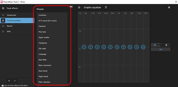 Templates in the effect dialogs of the track and master effects