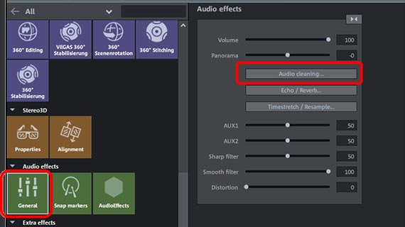 Audio Cleaning nella finestra di dialogo Effetti audio