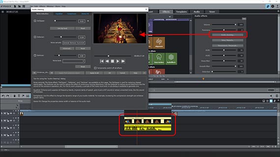 Välj ljudspår - Öppna ljudeffekter i Media Pool - Aktivera "Audio Cleaning" 