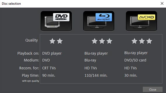 Seleziona tipo di disco: DVD, Blu-ray o AVCHD