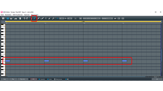 Noten für die Kick-Drum mit dem Stiftwerkzeug in der Zeile C1 des MIDI-Editors einzeichnen