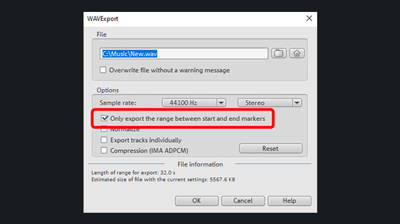 The export dialog with options for exporting the playback range