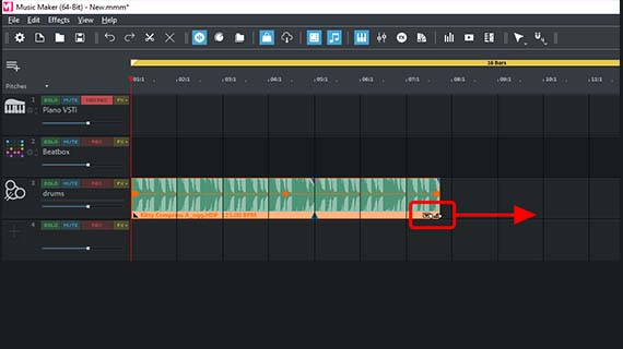 Pull the drum sample on the rear handle and loop it