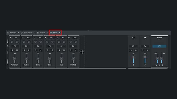 Adjust volume, stereo panorama and effects in the mixer