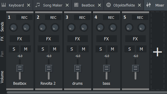 Virtuelles Mischpult mit Spureffekten und Mastering