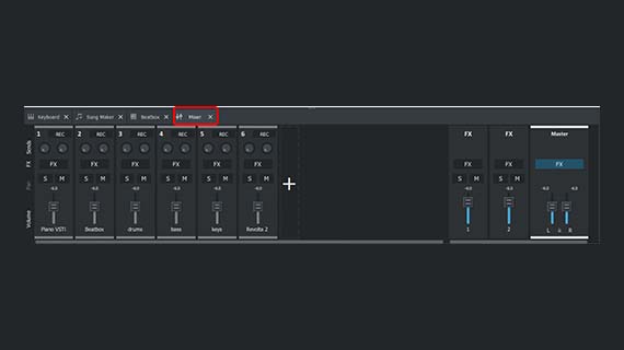 Adjust volume, stereo panorama and effects in the mixer