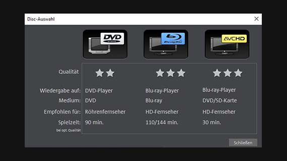 Disctyp auswählen: DVD, Blu-ray oder AVCHD