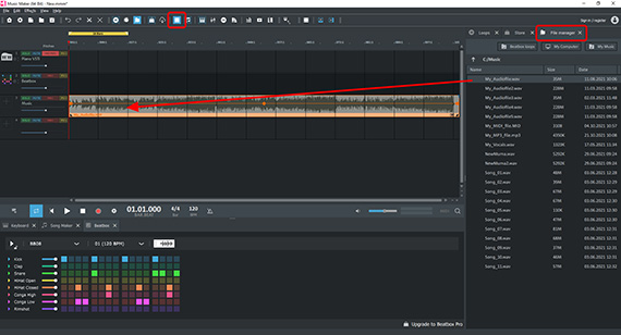 Drag and drop the audio file from the file manager onto any track