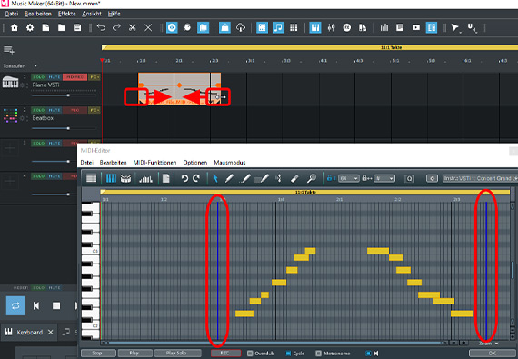 MIDI-Objekt an den Kanten zusammenschieben, um leere Bereiche wegzuschneiden