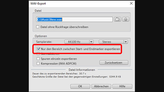 Abspielbereich als WAV-Datei exportieren