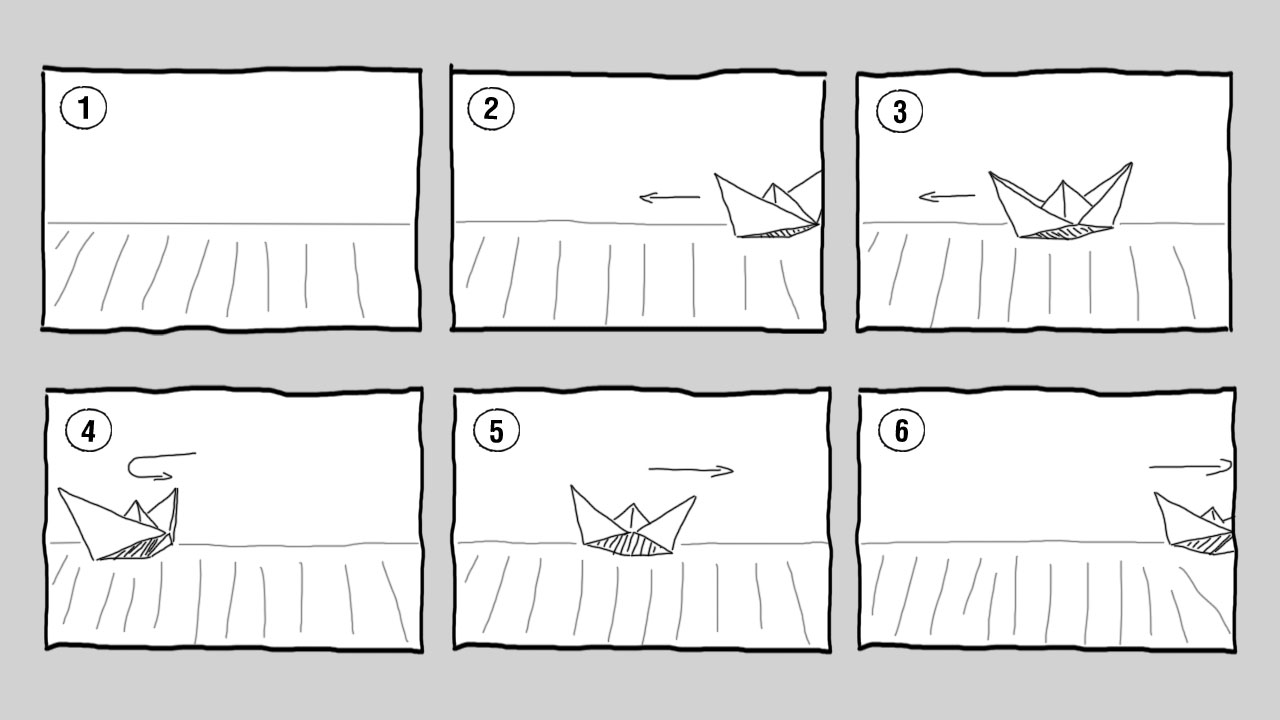 O storyboard de um filme em stop motion com um barquinho de papel