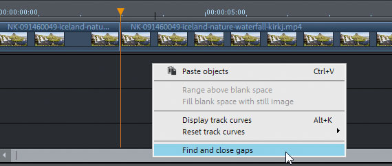 L'option du menu contextuel « Fermer les espaces » pour regrouper toutes les vidéos coupées