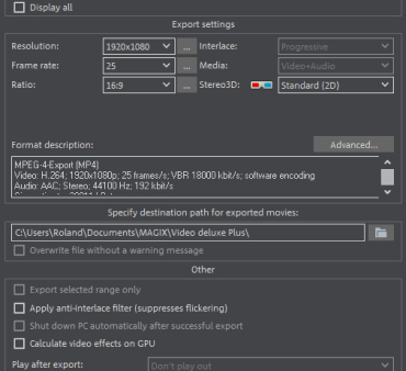 Movie Studio - configurações avançadas